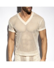 Es Collection Naturfarbenes gehäkeltes V-Ausschnitt T-Shirt TS351