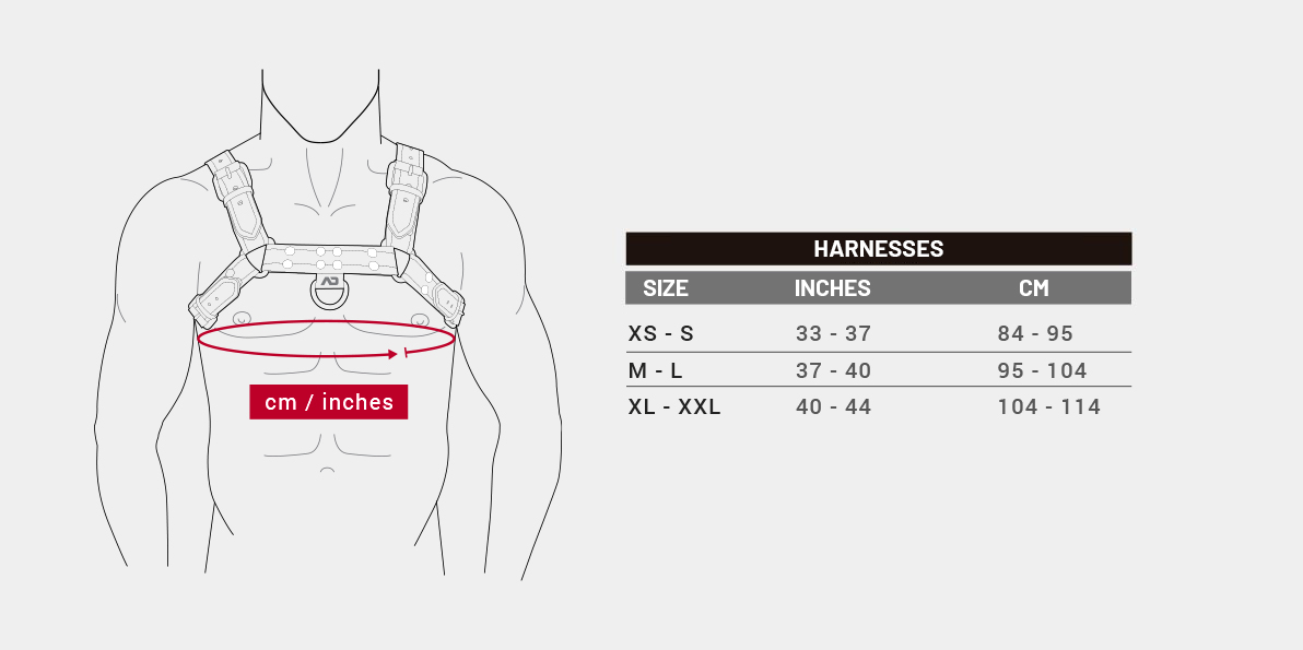 Harnesses – Größentabelle, XS-S – XL-XXL (Am Brustumfang gemessen)