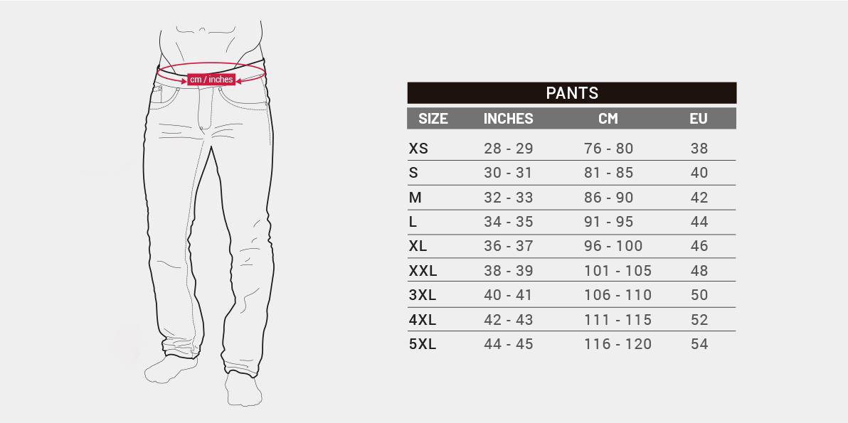 Hosen & Shorts – Größentabelle, XS–5XL (Am Taillenumfang gemessen)